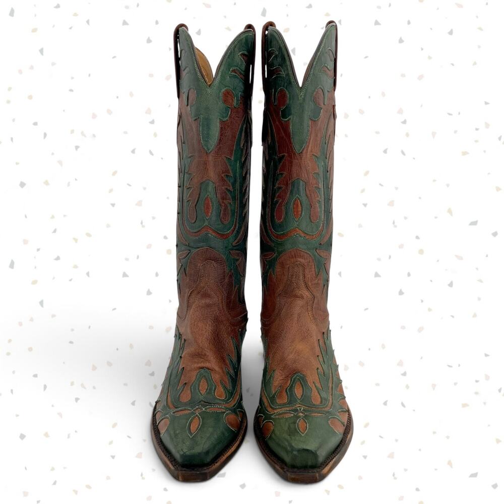 Vintage Lucchese Classics Western Boot Cowboy Green Overlay Brown Leather Size 6 - Picture 9 of 15